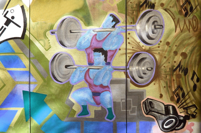 finance, sporting event, graffiti, wall painting, music, indoors, text, architecture, painting, sporty, backgrounds, no people, representation, sport, dumbbells