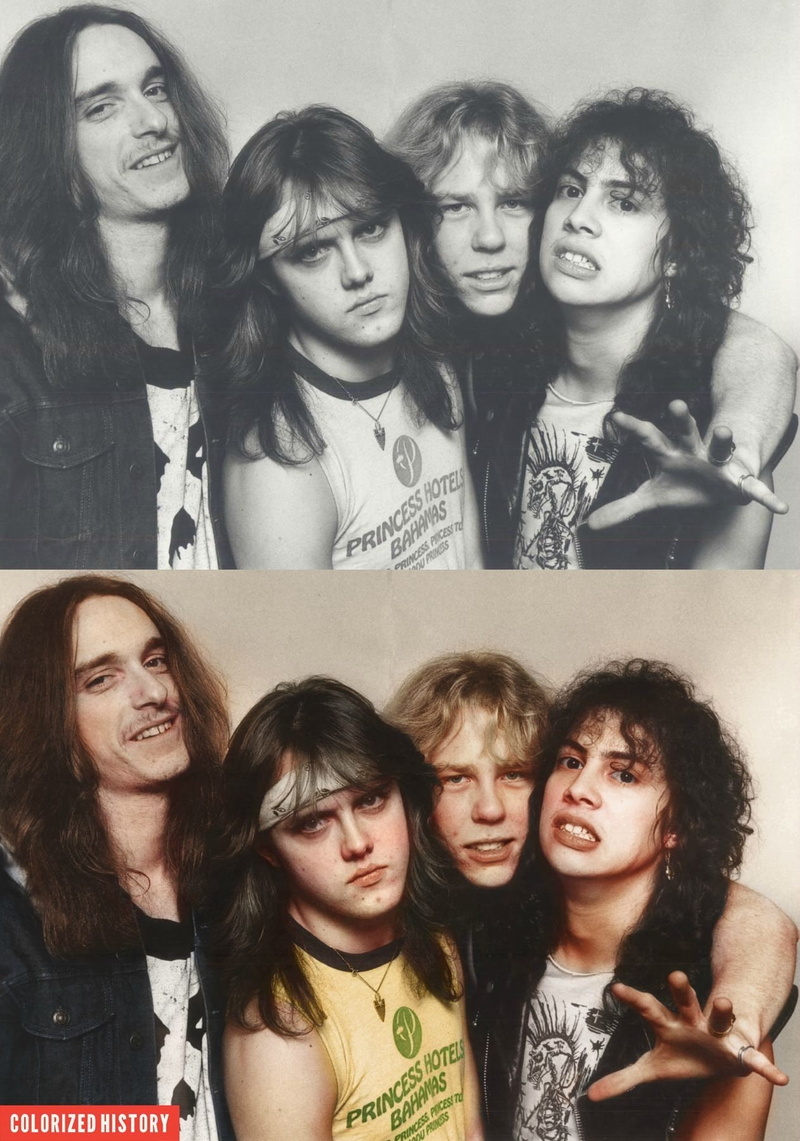 front view, togetherness, smiling, looking at camera, young men, group of people, friendship, young adult, hairstyle, waist up, portrait, metallica james hetfield colorized photos