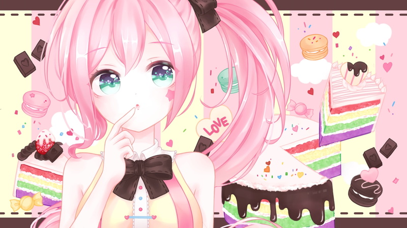 female likeness, large group of objects, close-up, desserts, art and craft, real people, retail display, indoors, pink hair, vocaloid, uni, Anime, 2K