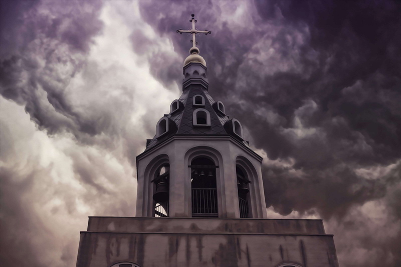 faith, grey sky, place of worship, daylight, orthodox cross, black and white, 2K, low angle shot, god, spirituality, nature, exterior, cloud - sky, madrid