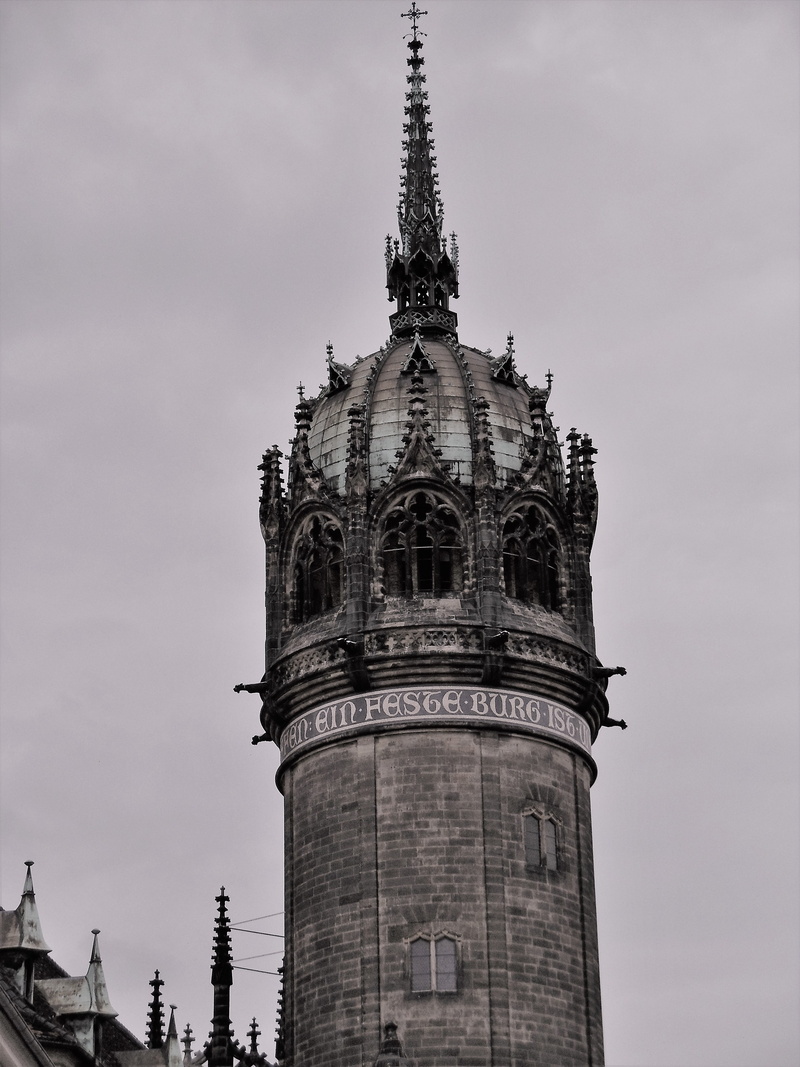 clock, building, building exterior, travel, spire, historicism, tower, cloud - sky, nature, wittenberg, city, tall - high, travel destinations, sky, a mighty fortress is our god