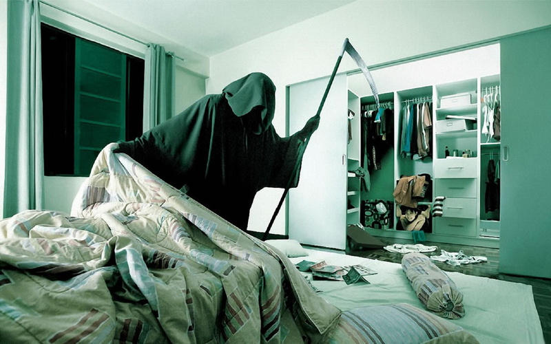 lifestyles, Death, window, bed, men, choice, store, reaper, laundry, luxury, shopping, activity, Hide and seek, home Interior, furniture, grim, working