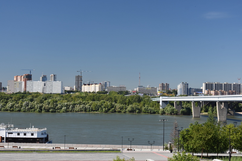 landscape, blue, skyscraper, transportation, financial district, sky, built structure, architecture, nature, outdoors, copy space, ob, river, russia, city