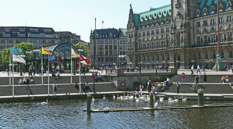 incidental people, canal, germany, parliament, swans, outdoors, mode of transportation, city life, hall, tourism, nature, hanseatic city, ambulatory, built structure