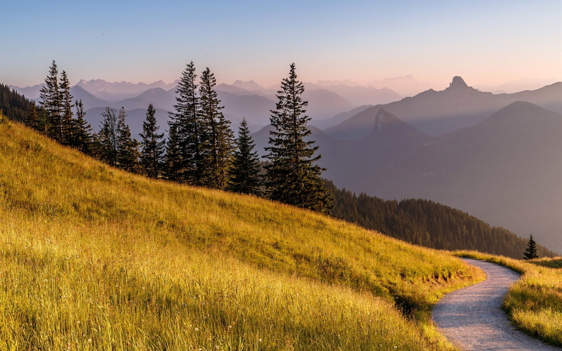 Germany, Trees, Mountain, Bavaria, Grass, 1080P, Road, Alps