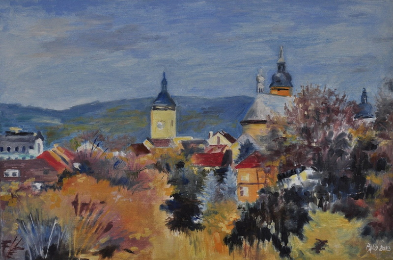 painting, hill, architecture, trees, Pavla Loserthová, village, 1080P, building, church, artwork, czech, house