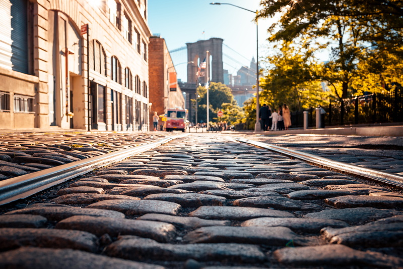 depth of field, no People, building, downtown District, nyc, sunlight, famous Place, tree, city, bricks, brooklyn, cobble stone, building Exterior, dumbo