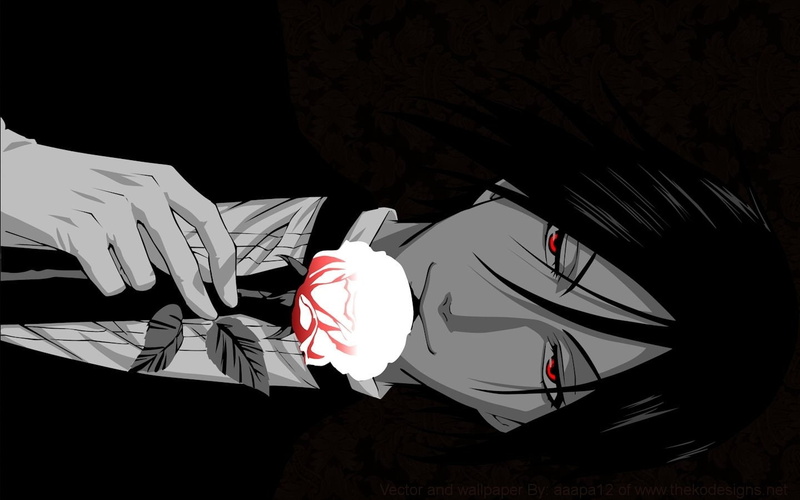 720P, suit, selective, boys, black, kuroshitsuji, red, anime, eyes, hair, sebastian, michaelis, coloring, roses
