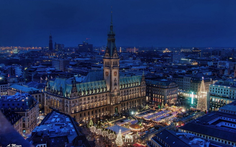 gray, twilight, church, night city, hamburg, cathedral, travel, street Light, building Exterior, area, germany, tower, architecture, lighting Equipment