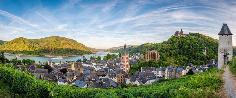Germany, the sun, the sky, trees, panorama, river, landscape, home, greens, mountains, clouds, 2K, ships, Bacharach
