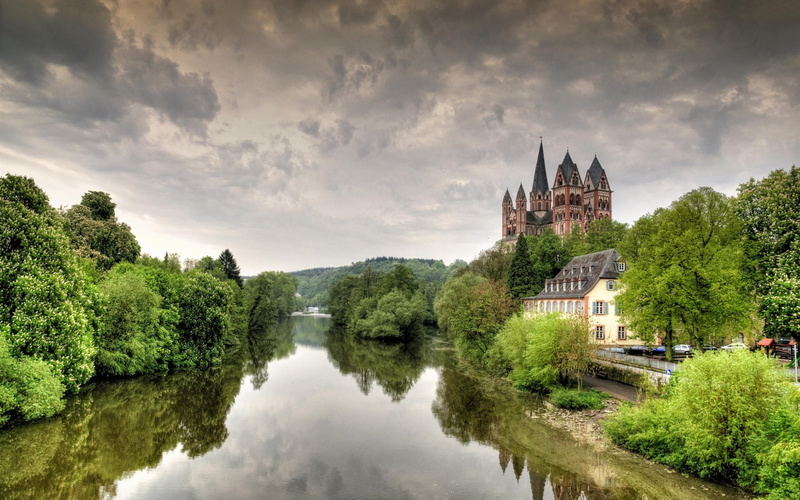 Lena, Limburg, Trees, Castle, Germany, photo, green, Cathedral, River, lake, 1080P