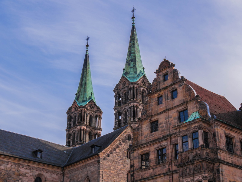 architecture, religion, building, sky, place of worship, tower, low angle view, nature, spirituality, bamberg cathedral, built structure, gothic style