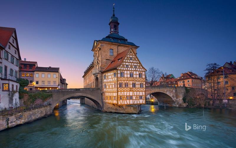 waterfront, travel destinations, building exterior, tower, bridge, built structure, 1080P, architecture, bayern, clear sky, connection, blue, rathaus