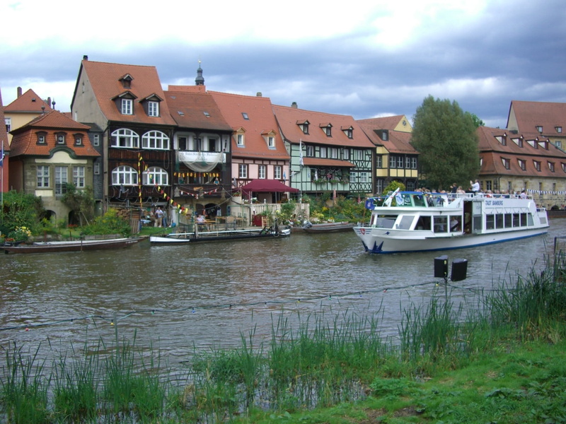 no people, building Exterior, city, built Structure, canal, nature, urban Scene, history, old, Bamberg, nautical Vessel, plant, outdoors, river, row of houses