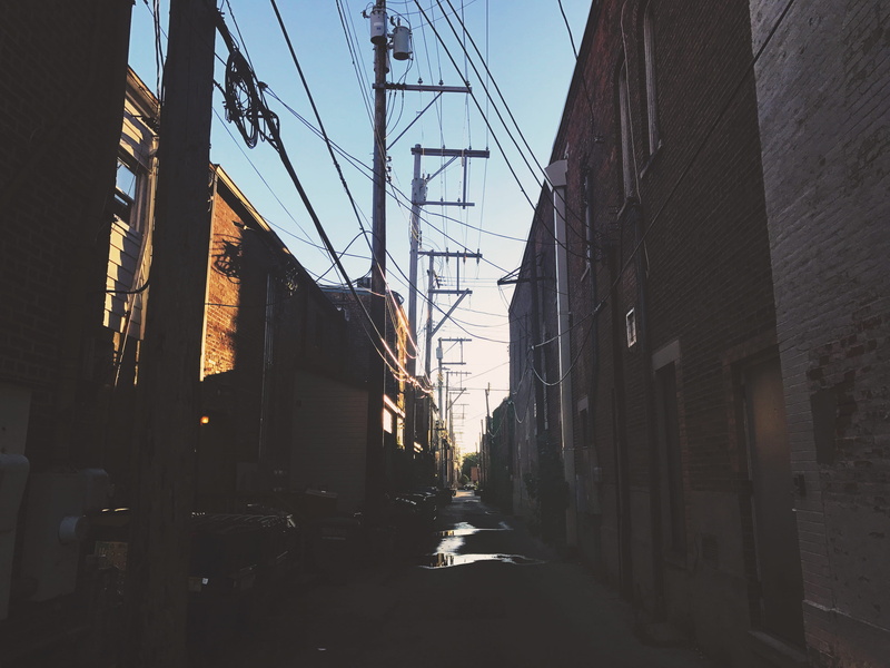cable, city, building exterior, long, architecture, urban, water, direction, power line, puddle, 4K, the way forward, brick, sunset, day, window, street