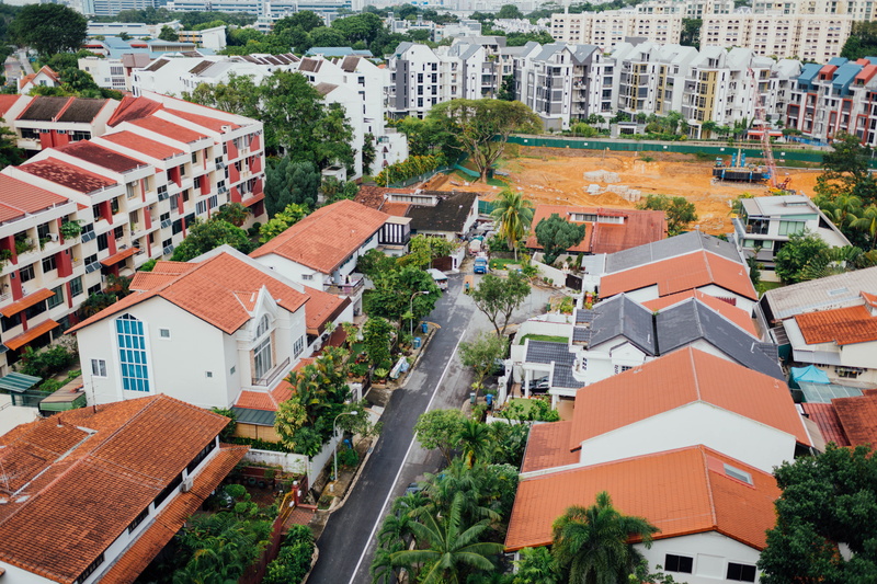 no people, outdoors, transportation, aerial view, nad, high angle view, residential district, built structure, plant, scenery, architecture, neighborhood