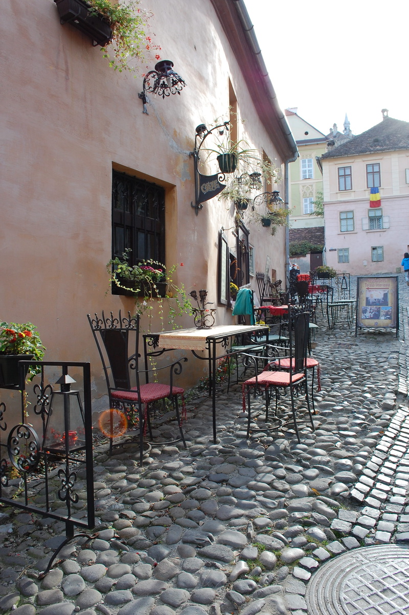 day, coffee, sidewalk cafe, cafe, street, no people, cobblestone, business, side-street, cobbles, restaurant, building, plant, city, outdoors, table, flower pot