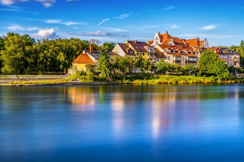 white, homes, building exterior, body, historically, danube, blue, bavaria, regensburg, waterfront, germany, building, clouds, no people, river, old town