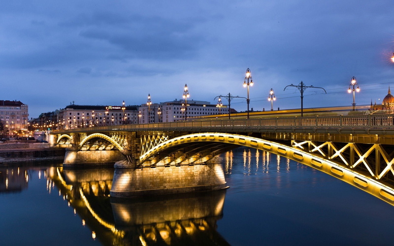 Bridges, Budapest, Hungary, Light, Reflection, 1080P, River, Danube, Margit Bridge, Margaret Bridge, City, Night