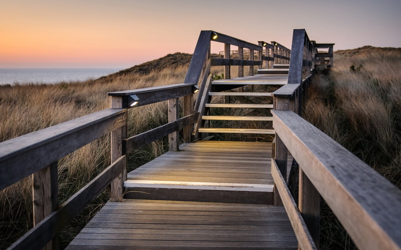 sea, direction, 720P, beach, landscape, pathway, vacations, architecture, water, sunset, wood - Material, bridge - Man Made Structure, dusk, footpath