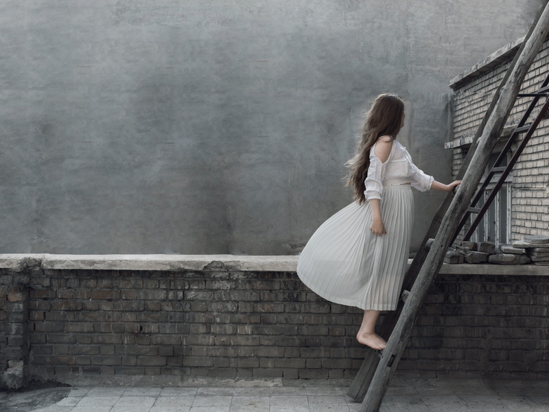 handrail, 4K, path, lifestyles, adult, clothing, photo, ladder, long hair, young adult, apparel, photography, hair, robe, pants, step, footwear, one person
