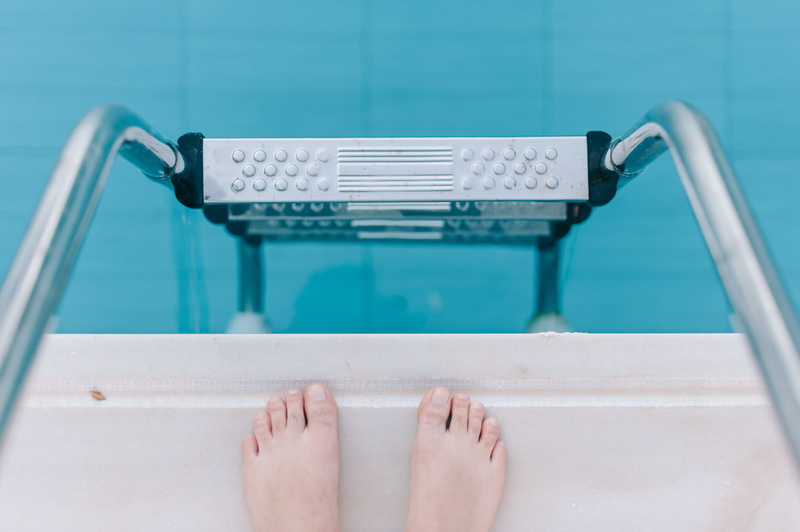 barefoot, closeup, body part, edge, adult, ladder, toes, indoors, one person, feet, women, swimming, foot, high angle view, pool, 4K, personal perspective