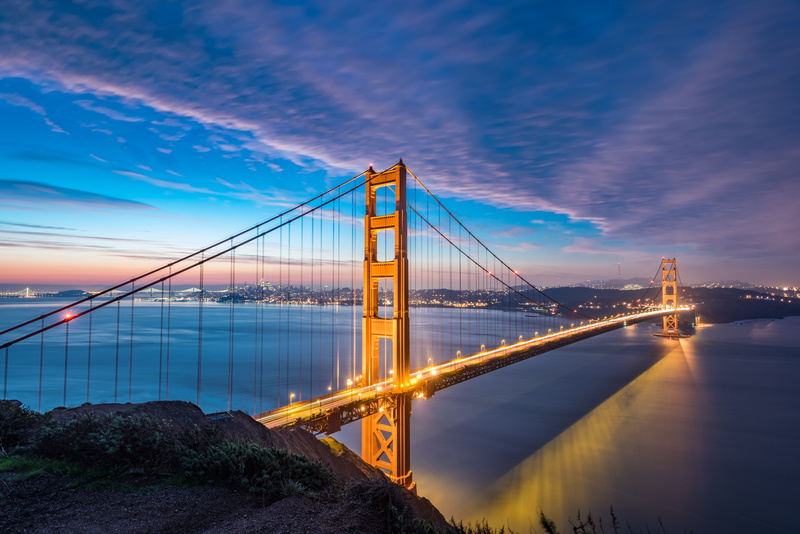 bay, built structure, sky, golden gate, strait, tourism, travel destinations, dawn, water, illuminated, bridge - man made structure, bridge, san francisco