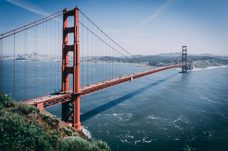 daylight, famous, water, seashore, travel destinations, golden gate, francisco, grass, suspension, transportation, suspension bridge, san francisco, tourism