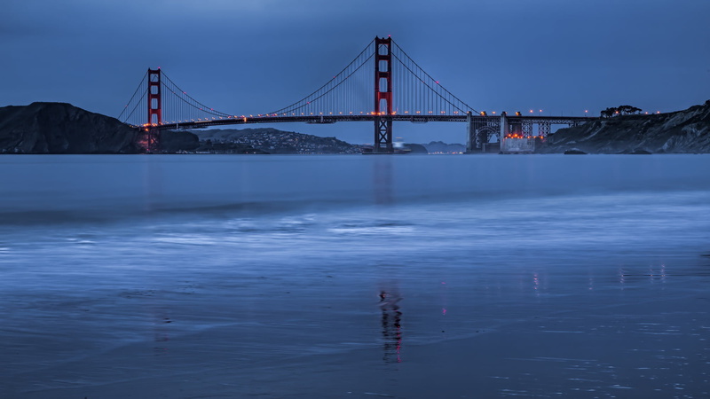 the evening, bridge, coast, China Beach, lights, San Francisco, sea, Strait, 1080P, Golden Gate Bridge