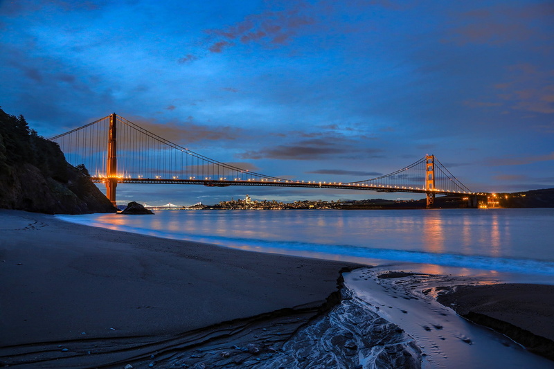 bridge, the evening, lights, shore, Golden gate, Strait, San Francisco, 1080P, landscape, Golden Gate Bridge
