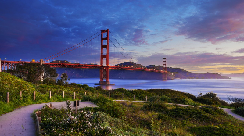 outdoors, built structure, sea, 1080P, travel destinations, dusk, cloud - sky, The Golden Gate Bridge, San Francisco Bay, bay, connection, transportation