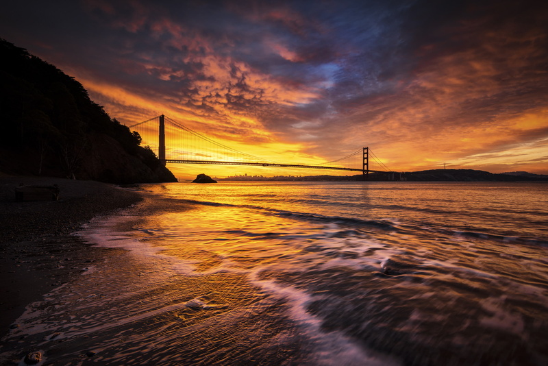 Strait, the sky, Golden Gate, San Francisco, 1080P, bridge, USA, clouds, glow
