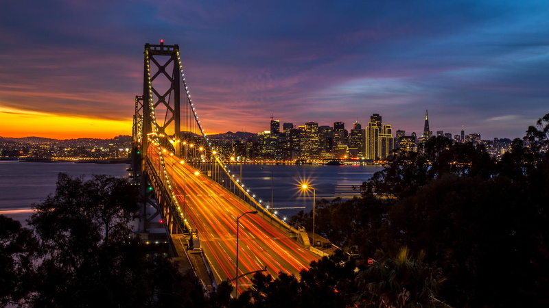 no people, lighting, bridge, San Francisco, building, office building exterior, connection, bridge - man made structure, sunset, orange color, 1080P, Strait