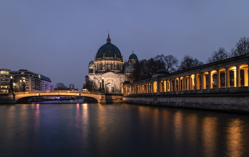 nature, berliner dom, dome, sky, reflection, water, architecture, illuminated, bridge, bridge - man made structure, building exterior, night, government