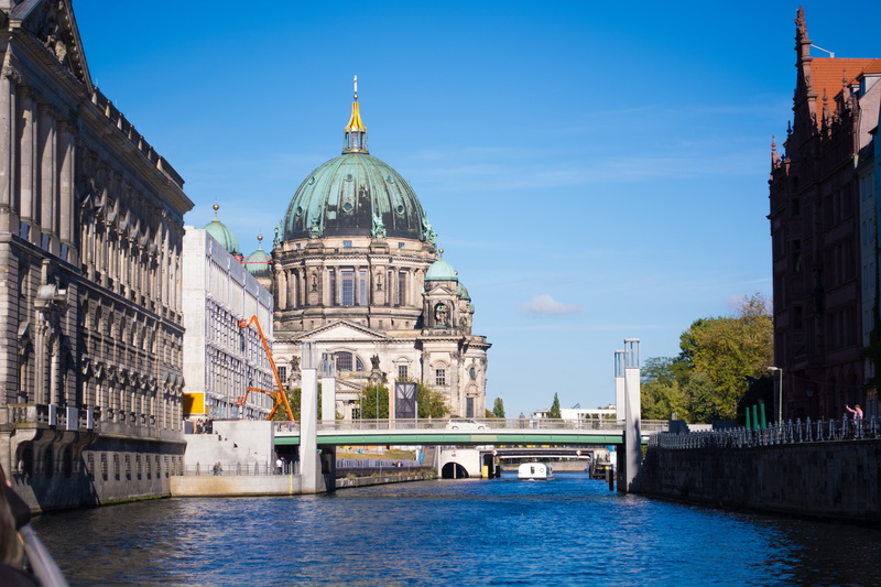 5K, germany, turquoise colored, building exterior, places of interest, building, museum island, spire, nature, river, tourism, built structure, dome, outdoors