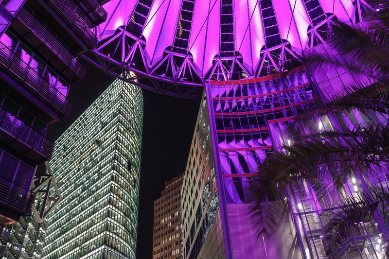 built structure, purple, low angle view, berlin, nature, architecture, capital, building exterior, travel destinations, tower, modern, lights, tall - high