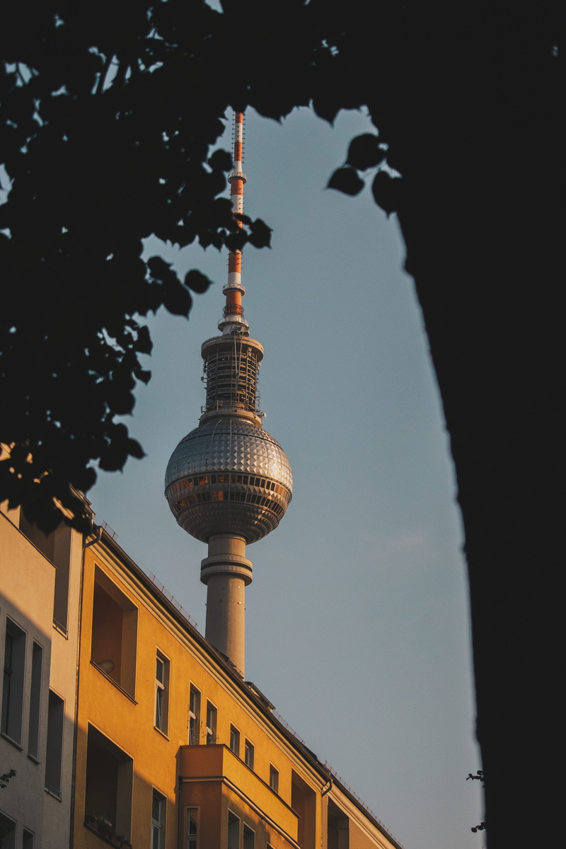 sphere, outdoors, street, fernsehturm, office building exterior, tree, nature, urban, town, 4K, germany, no people, sunset, steeple, built structure, tall - high
