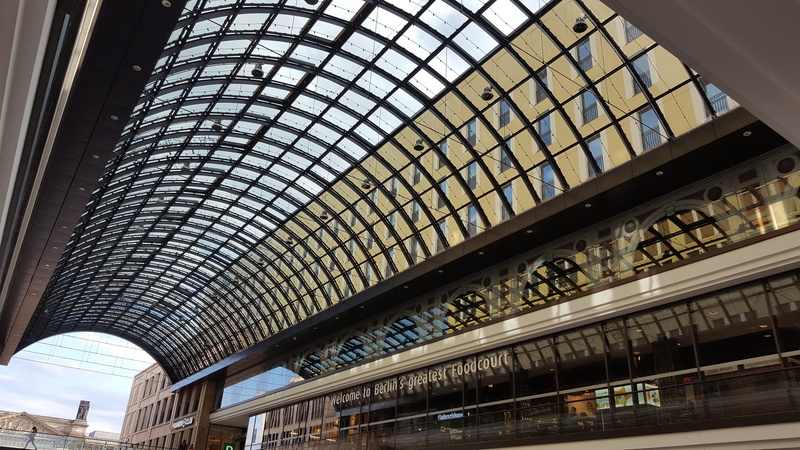 ceiling, indoors, skylight, travel destinations, modern, mall of berlin, berlin, skyscraper, sunlight, architecture and art, built structure, pattern, office building exterior