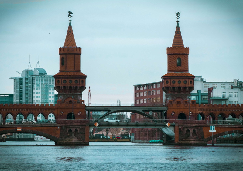 building, berlin, adobe photoshop, color, spire, architecture, river, water, bridge - man made structure, oberbaum, day, city, orange, connection, arch bridge