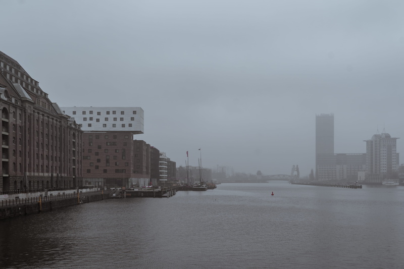 built structure, berlin, nature, office building exterior, urban, germany, fog, office building, architecture, sky, vessel, river, modern, vehicle, town
