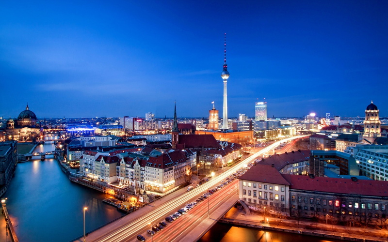 road, germany, building, spree, tower, city, 4K, berlin, river, residential, car, night, view, alexanderplatz