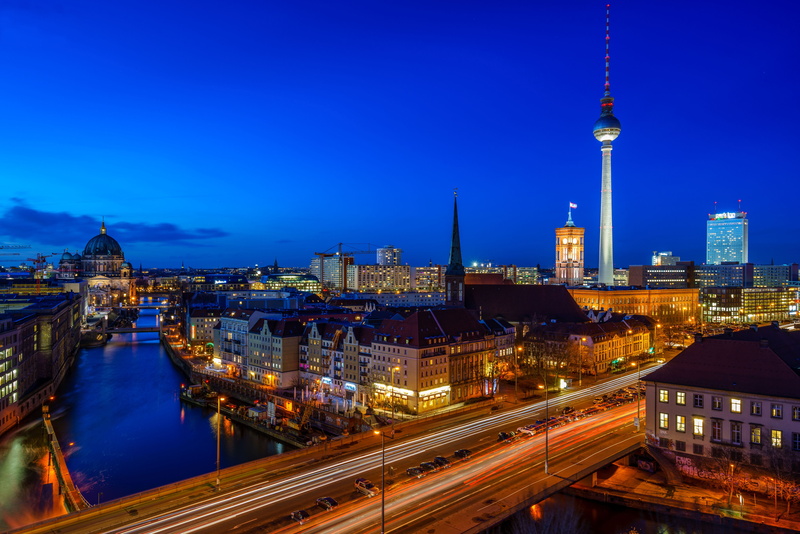the river spree, Germany, night city, home, river, Berlin, building, Spree River, 4K, bridge