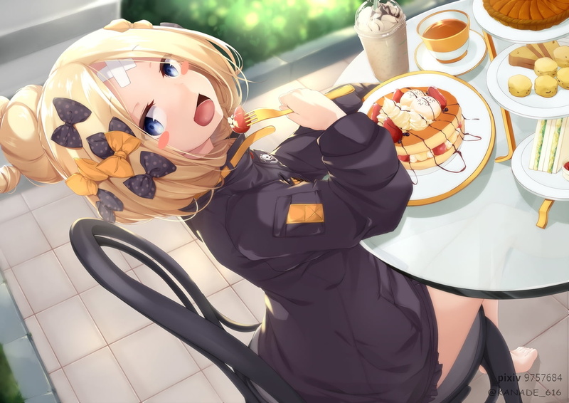 720P, drink, strawberries, barefoot, fruit, bow, short hair, blue eyes, Fate/Grand Order, Abigail Williams (Fate/Grand Order), cake, bandage, food, blush