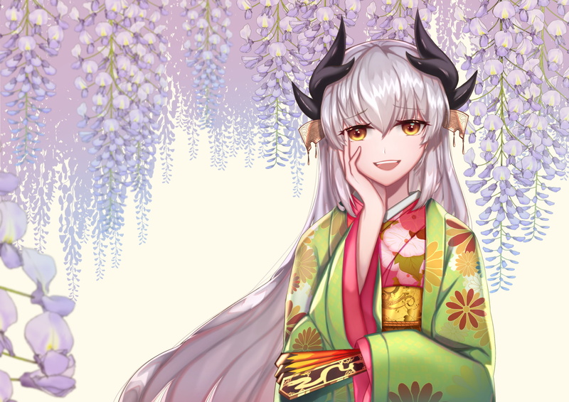 japanese, (series), flowers, eyes, order), konachan, kimono, tagme, long, 1080P, kiyohime, fate, (fate, white, hair, order, yellow, clothes, horns, grand