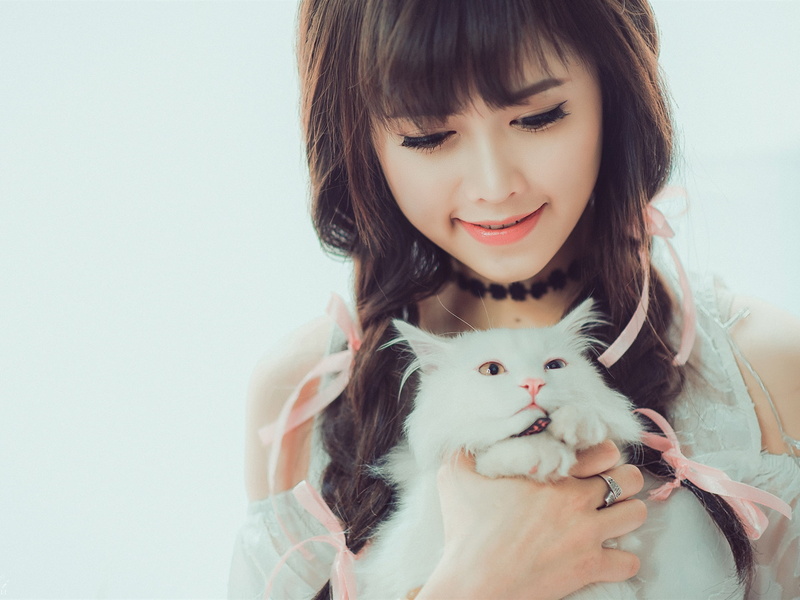White, Smile, fur, Asian, Cat, 1080P, Girl, top, cold, shoulder