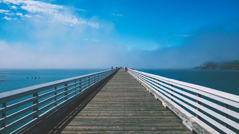 beauty in nature, water, outdoors, connection, near, tranquility, wood - material, no people, daytime, sea, nature, boardwalk, sunshine, sunny, cloud - sky