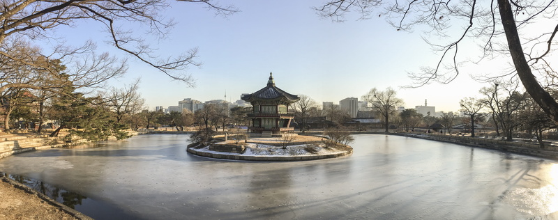 center, old, sky, branches, building exterior, seoul, place of worship, plant, nature, panorama, pond, traditional, trees, urban, built structure, no people