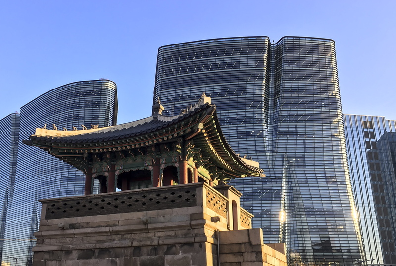 architecture, outdoors, building exterior, no people, temple, low angle view, old and new, modern, tall - high, office building, financial district, building