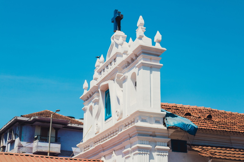 church, calangute, 5K, low angle view, roof, prayer, day, india, roof tile, spirituality, architecture, no people, sunlight, building, bluesky, outdoors