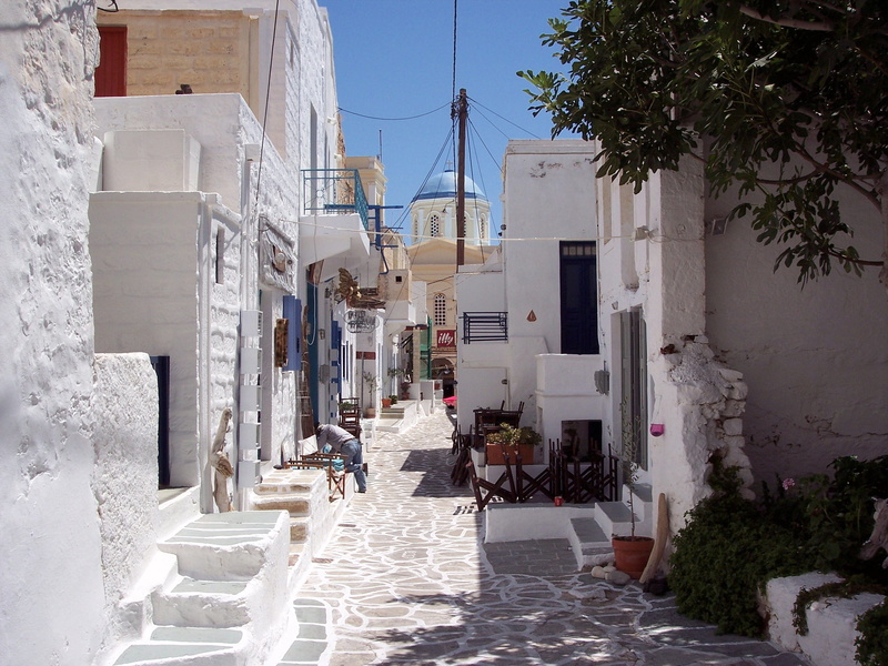 sunlight, holiday, street, white color, village, direction, mediterranean, the way forward, outdoors, city, cyclades, white, greek, tree, houses, greece